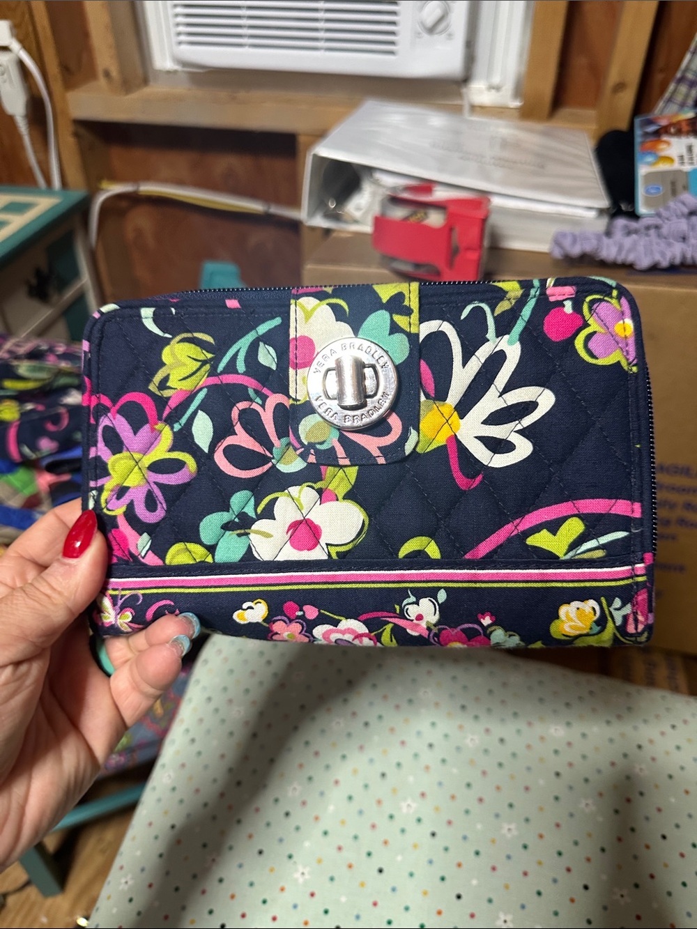 Vera Bradley Navy Floral Quilted Turn-Lock Wallet with Pink & Green Accents